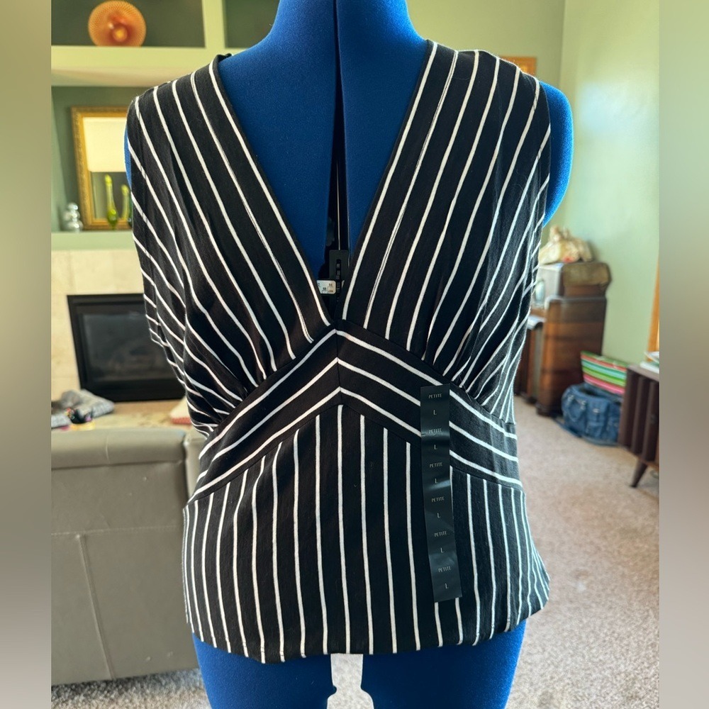Banana Republic Womens Black White Striped V-Neck Sleeveless Top L Petite